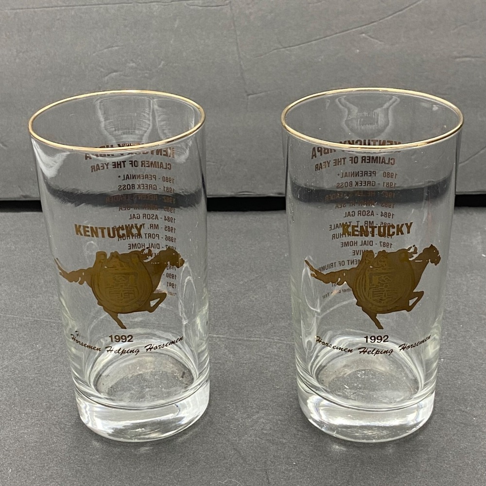 Vintage Kentucky HBPA Horsemen Helping Horsemen Glasses Set Of 2 1992‎ Gold Rim